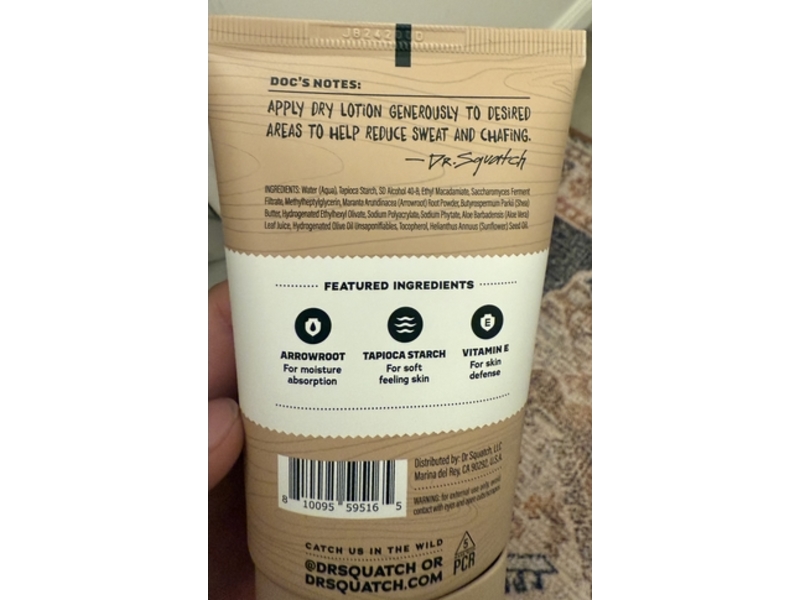 Dr Squatch Mens Natural Ball Barrier Dry Lotion, Unscented, 3.4 fl oz/100 mL, Pack Of 2
