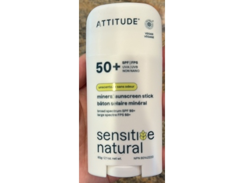 Attitude Sensitive Natural Mineral Sunscreen Stick, SPF 50+, 2.1 oz/60 g