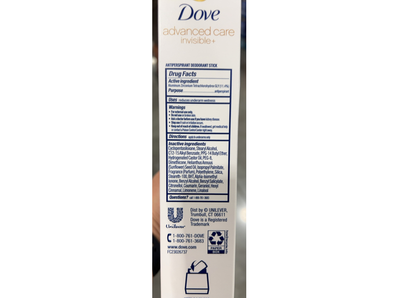 Dove Advanced Care Invisible+ 5 In 1 Protection Antiperspirant Deodorant Stick, Cucumber & Cactus Water, 2.6 oz/74 g, Pack Of 4