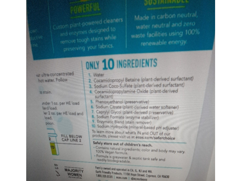 Ecos Plant Powered Laundry Detergent, Free & Clear, 120 Loads, 110 fl oz/3.25 L