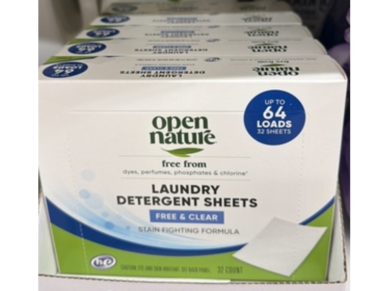 Open Nature Laundry Detergent Sheets, Free & Clear, 64 Loads, 32 Count
