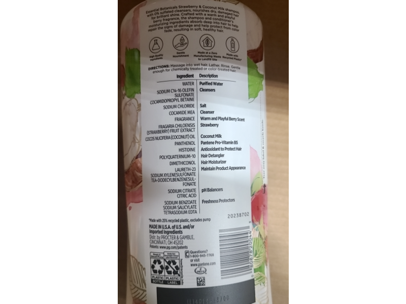 Pantene Essential Botanicals Moisturizing Shampoo, Strawberry & Coconut Milk, 38.2 fl oz/1.13 L