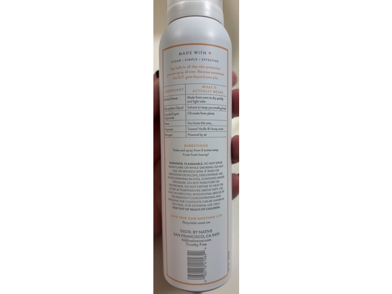 Native Deodorant & Body Spray, Toasted Vanilla & Honey, 3.5 oz/99 g