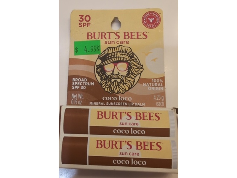 Burt's Bees Mineral Sunscreen Lip Balm, Coco Loco SPF 30, 0.15 oz/4.25 g