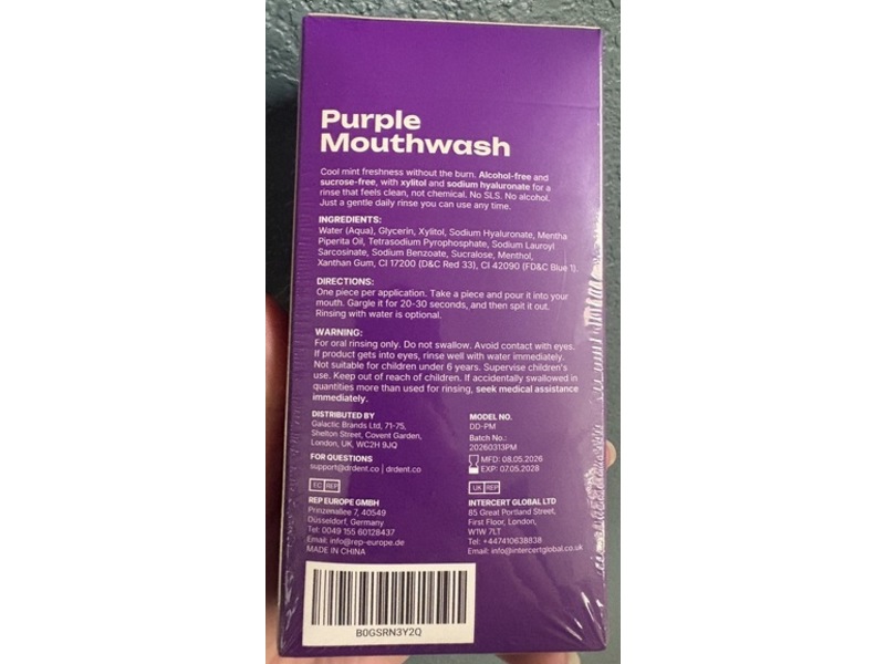 Dr. Dent Purple Mouthwash, Fresh Mint, 0.4 fl oz/12 mL, 20 Count