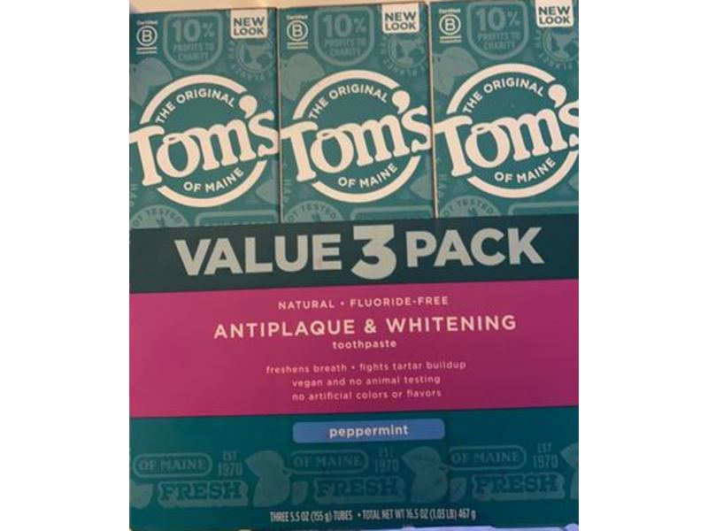 Toms's Of Maine Antiplaque & Whitening Toothpaste, Peppermint, 5.5 oz/155 g, Pack Of 3