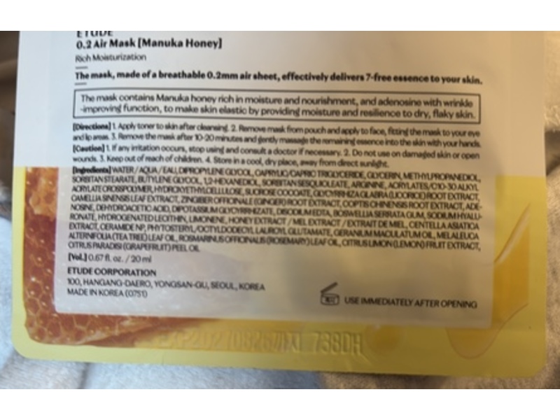 ETUDE Rich Moisturization Therapy Air Face Mask, Manuka Honey, 0.67 fl oz/20 mL