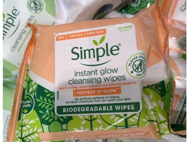 Simple Instant Glow Cleansing Wipes, Protect N Glow, 20 Count