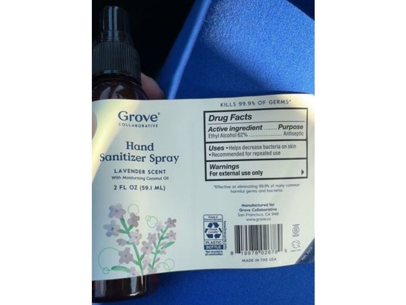 Grove Hand Sanitizer Spray, Lavender, 2 fl oz/59.1 mL