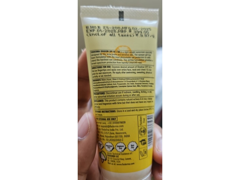 Fixderma Shadow Sunscreen Gel, SPF 50+ PA++++, 1.41 oz/40 g