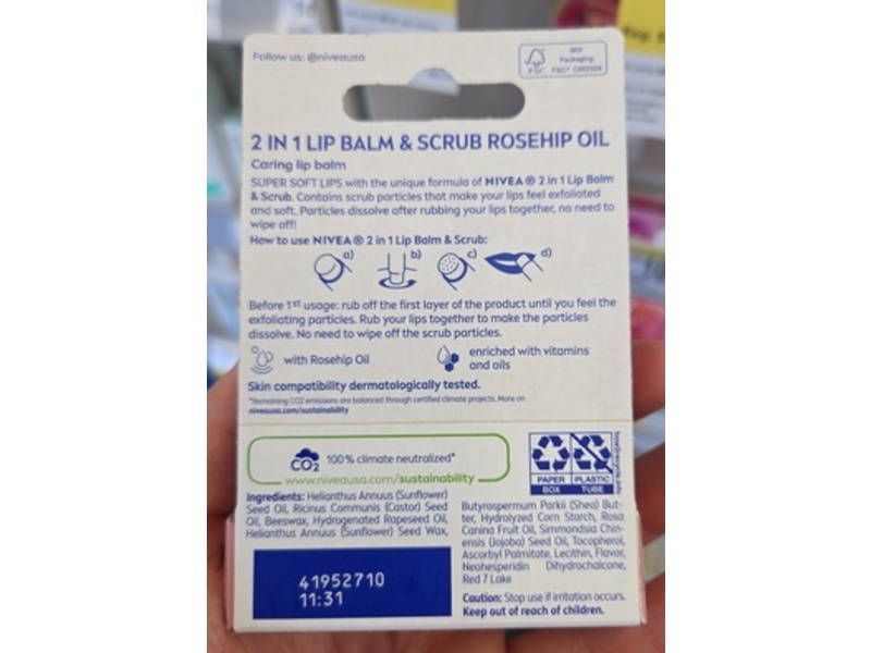 Nivea 2 In 1 Lip Balm & Scrub, Rosehip Oil + Vitamin E, 0.17 oz/4.8 g