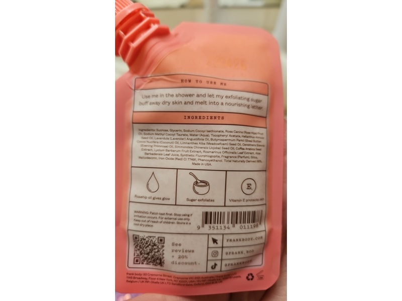 Frank Body Body Scrub + Cleanser, Rosehip, 1.06 oz/30 g
