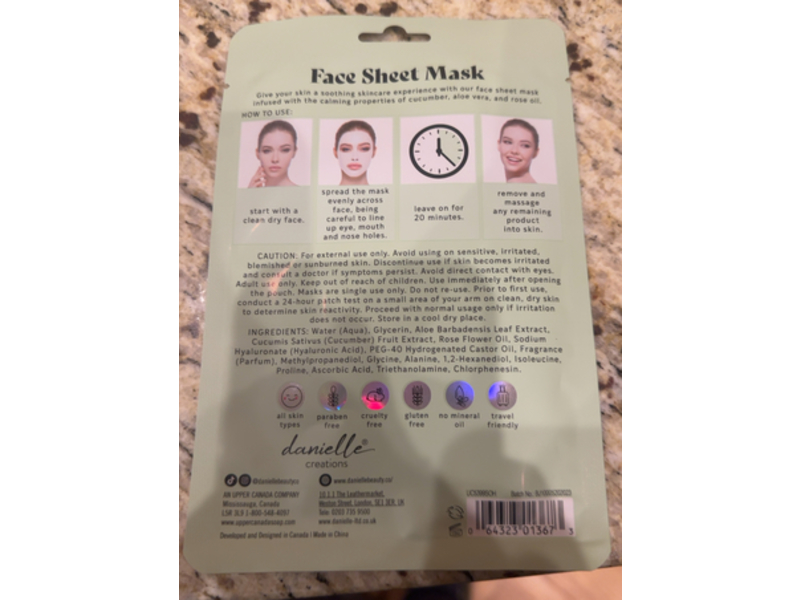 Danielle Soothing Face Sheet Mask, Cucumber, Aloe Vera & Rose Oil, 0.88 oz/25 g, 1 Count