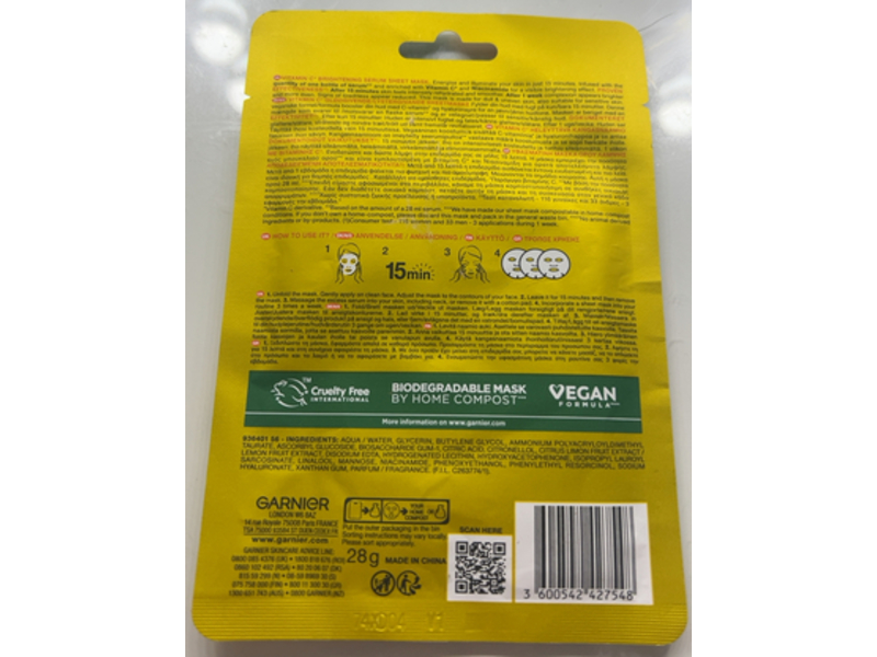 Garnier Skin Active Brightening + Glow Boosting Serum face Mask, Vitamin C, 28 g