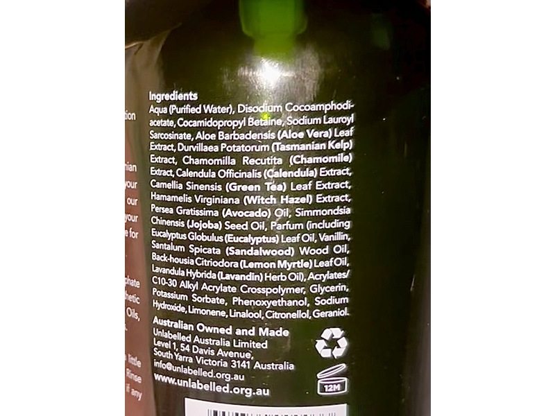 Unlabelled Hand Wash, Lemon Myrtle, Sandalwood & Eucalyptus, 500 mL