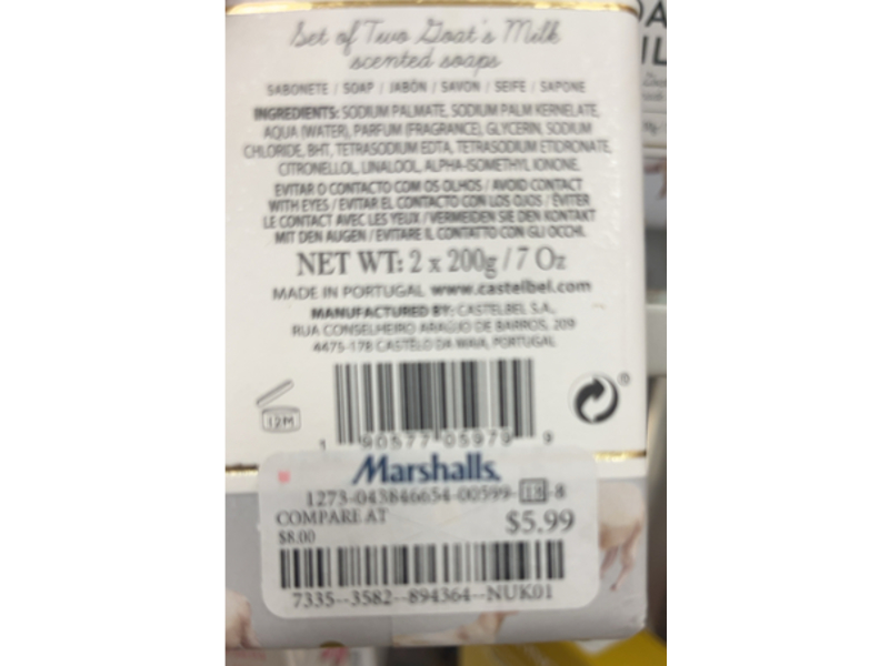 Castelbel Porto Goat's Milk Bar Soap, 7 oz/200 g, Pack Of 2