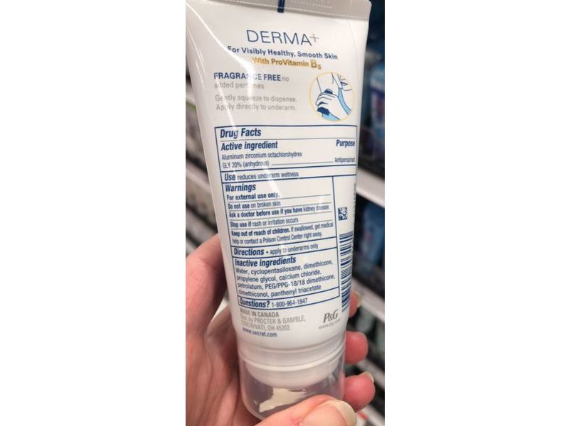 Secret Derma+ Antiperspirant, Fragrance-Free, 2.5 oz (70 g)