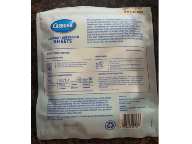 Carbona Laundry Detergent Sheets, Free & Clear, 3.5 oz/100 g, 25 Count