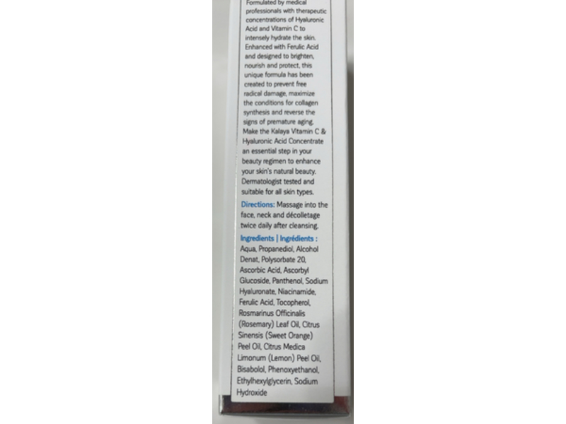 Kalaya Naturals Brightening Vitamin C Hyaluronic Concentrate Serum, Ferulic Acid, 30 mL