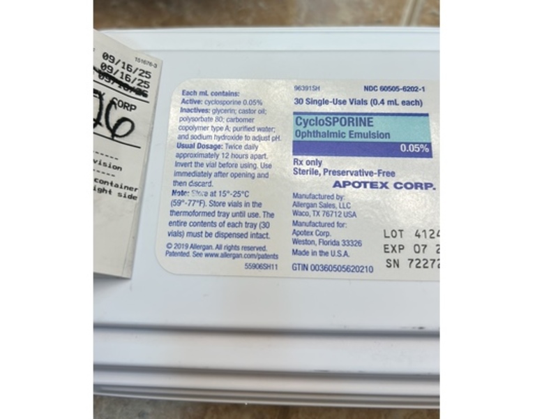 Cyclosporine Ophthalmic Emulsion 0.05%, 0.4 ml vials, Apotex Corp. (Rx)