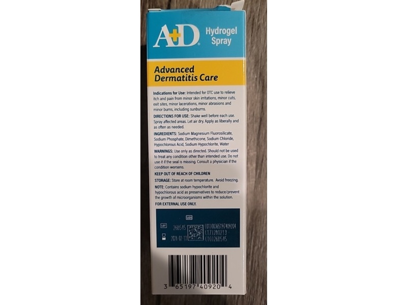 A+D Advanced Dermatitis Care Hydrogel Spray, Hypochlorous Acid, 4 oz/113 g
