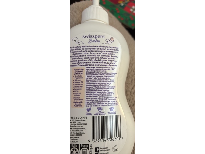Swisspers Baby Soothing Moisturizer, Cotton Milk, 500 mL