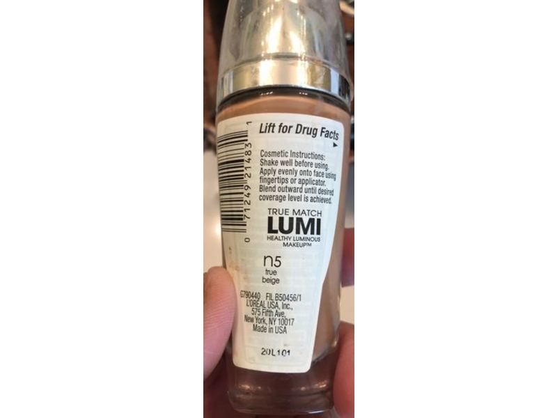 L'Oreal Paris True Match Lumi Healthy Luminous Makeup, N5 True Beige, SPF 20, 1 fl oz/30 mL