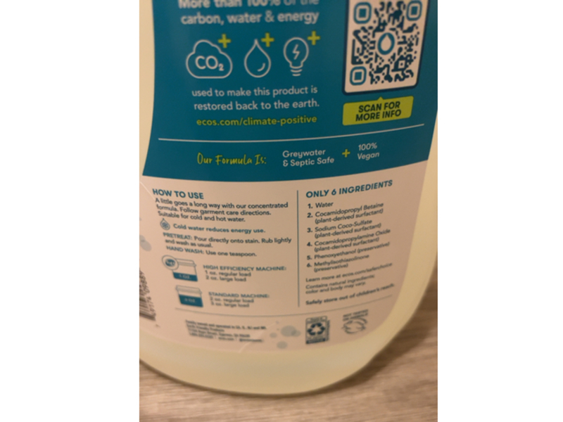 Ecos Plant Powered Liquid Laundry Detergent, Free & Clear, 100 Loads, 100 fl oz/2.96 L