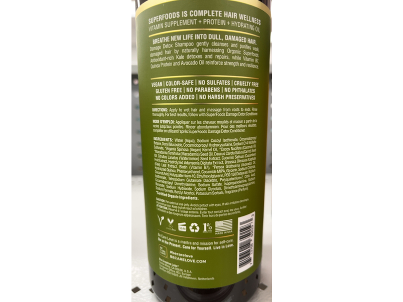 Be Care Love Superfoods Kale Damage Detox Shampoo, 33 fl oz/976 mL