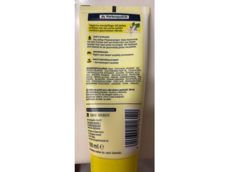 Balea Hand Creme, Buttermilk & Lemon, 100 mL