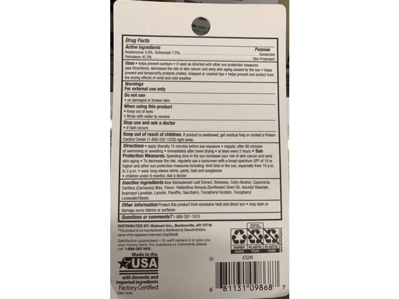 Equate 2-In-1 Original Moisture Lip Balm, SPF 15, 0.14 oz/4 g, Pack Of 5