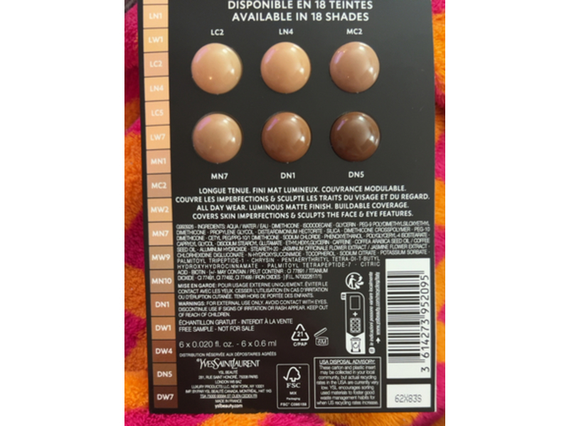 Yves Saint Laurent All Hours Precise Angles Concealer Set, LC2, LN4, MC2, MN7, DN1, DN5, 0.020 fl oz/0.6 mL