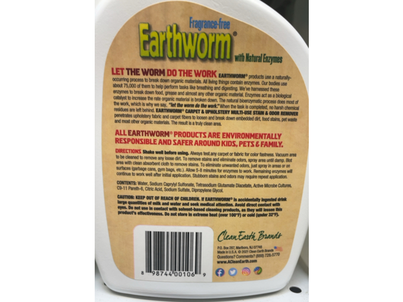 Earthworm Carpet & Upholstery Cleaner Spot & Stain Remover, 22 fl oz/650 mL, Pack Of 6