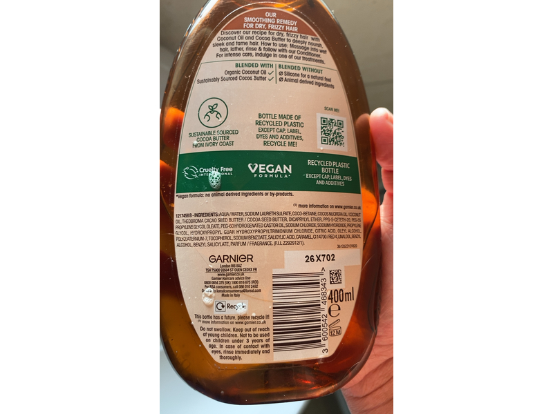 Garnier Ultimate Blends Smoothing Shampoo, Coconut Oil & Cocoa Butter, 400 mL