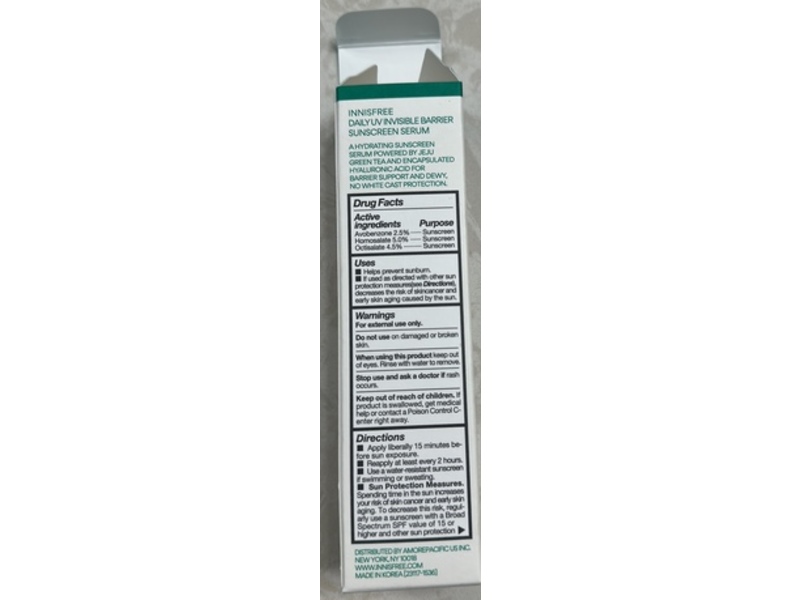 Innisfree Daily UV invisible Barrier Sunscreen Serum, SPF 47, Green Tea, 1.69 fl oz/50 mL
