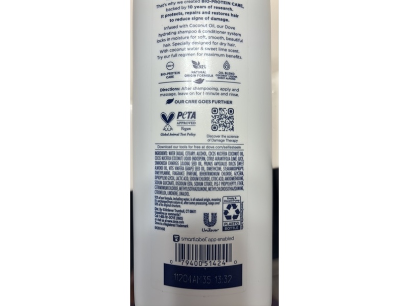 Dove Damage Therapy Conditioner, Coconut & Hydration, 18 fl oz/532 mL
