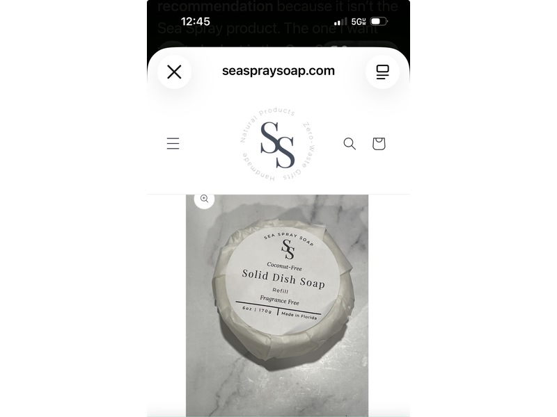 Sea Spray Soap Coconut Free Solid Dish Soap Refill, Fragrance Free, 6 oz/170 g