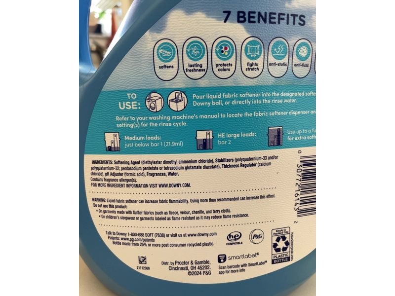 Downy 2 In 1 Soft & Fresh Fabric Softener, Cool Cotton, 136 Loads, 100 fl oz/2.98 L