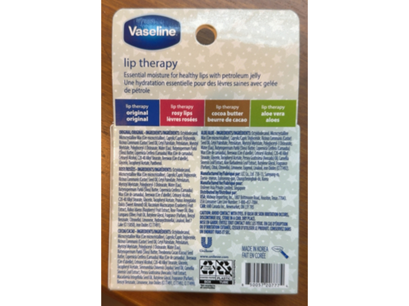 Vaseline Lip Therapy Moisturizing Lip Balm Set, Original + Rosy Lips + Cocoa Butter + Aloe Vera