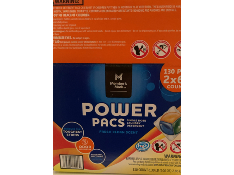 Member's Mark Laundry Detergent Power Pacs, Fresh Clean Scent, 100 oz/2.86 kg , 130 Pacs