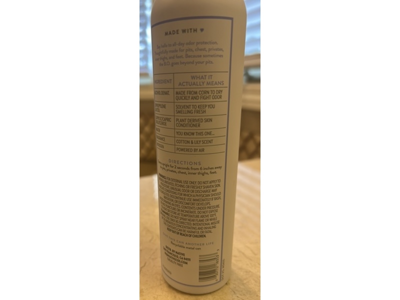 Native Whole Body Deodorant Spray, Cotton & Lily, 3.5 oz/99 g