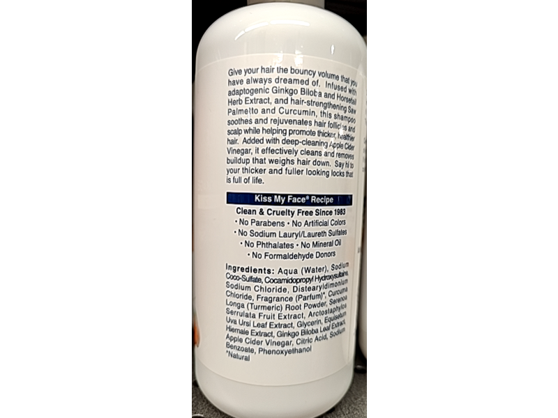 Kiss My Face Thick & Full Hair & Scalp Care Shampoo, Ginkgo Biloba, Curcumin & Apple Cider Vinegar, 16 fl oz/473 mL
