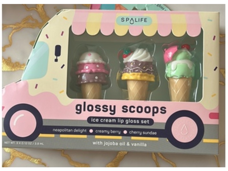 Spalife Glossy Scoops Ice Cream Lip Gloss Set, Nepolitan Delight, Creamy Berry, Cherry Sundae, 0.12 oz/3.8 mL, 3 Count