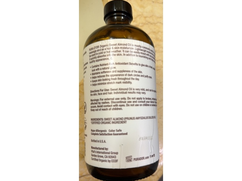 Pura d'or Organic Sweet Almond Oil, 16.9 fl oz/500 mL