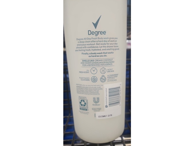 Degree All Day Fresh Body Wash, Coconut, 20 fl oz