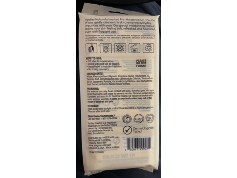 Yardley London On The Go Wipes, Chamomile, Aloe Vera & Vitamin E, 8 Count, Pack Of 8