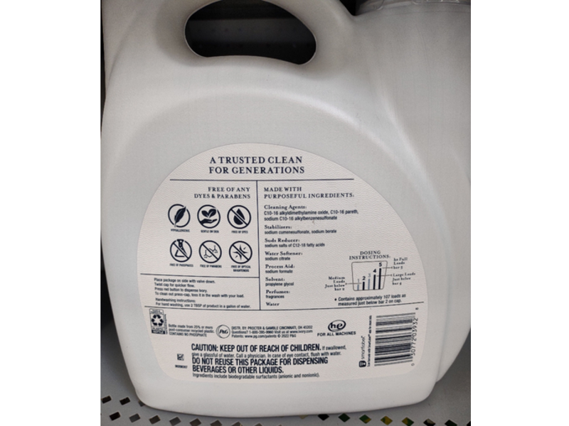 Ivory Hypoallergenic Detergent, Aloe Scent, 107 Loads, 154 fl oz/4.55 L