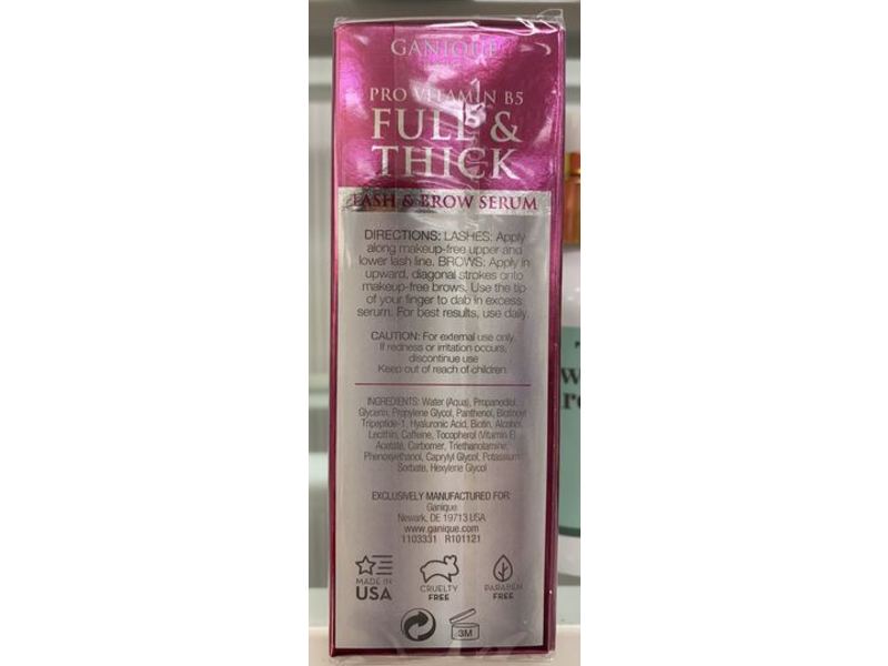 Ganique Full & Thick Lash & Brow Serum, Pro Vitamin B5, 0.24 fl oz/7 mL