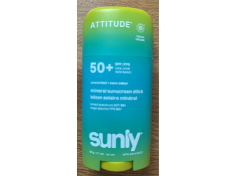 Attitude Sunly Mineral Sunscreen Stick, Unscented, SPF 50+, 2.1 oz/ 60 g