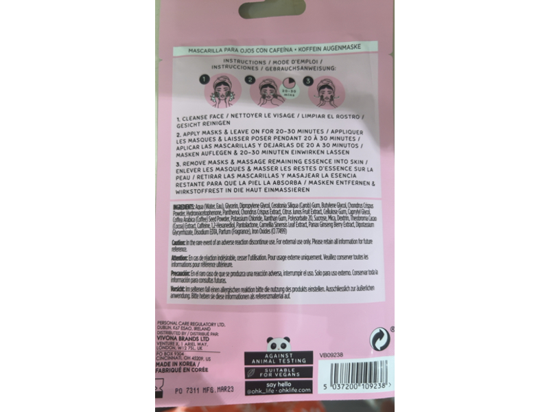 Oh K! Eye Mask, Caffeine, 1 Pair, 0.06 oz/1.8 g